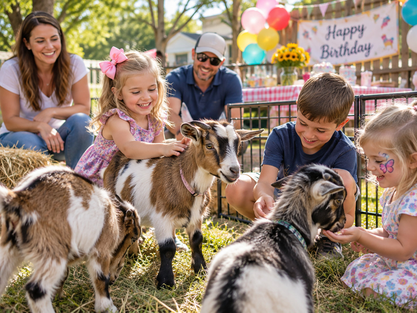 Children enjoying goats at a birthday party