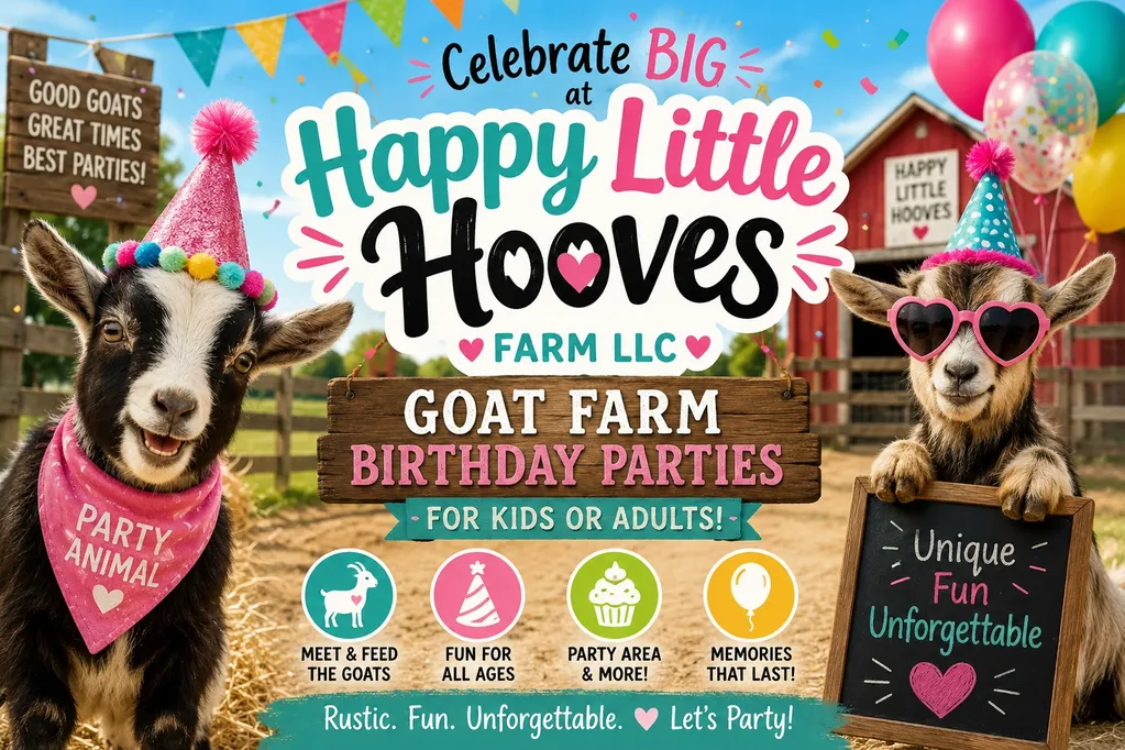 Happy Little Hooves Farm birthday party promotional graphic