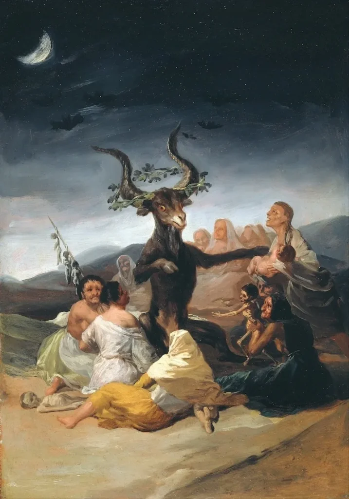 Historical painting of a witches' gathering with a horned goat figure