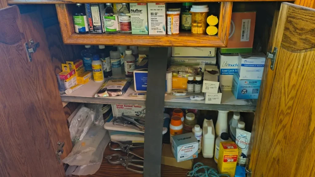 Veterinary supplies in farm cabinet
